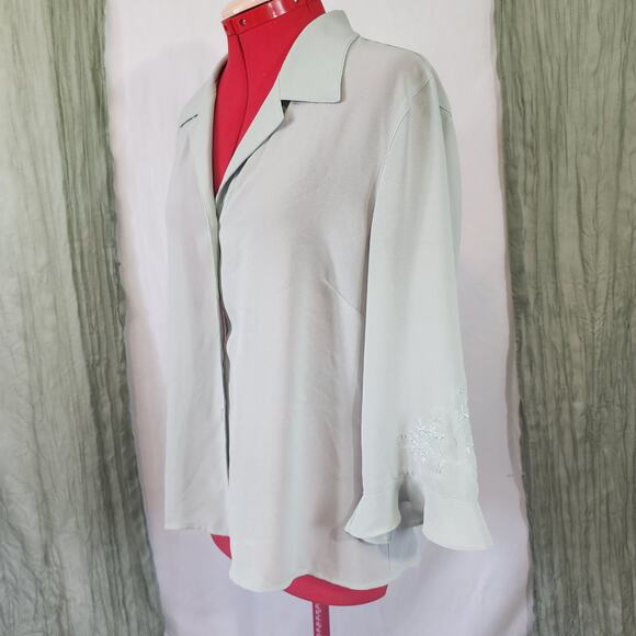 Drapers & Damon's Green Sheer Long Button Up Embroidery Ruffle Blouse Size 16 - Picture 4 of 7